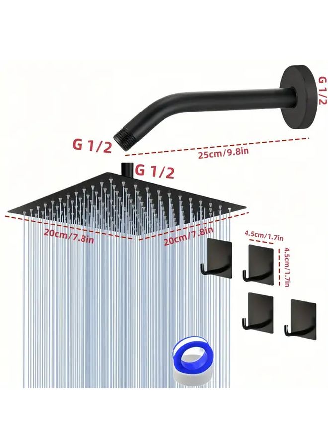 7.8 Inch High Pressure Rain Shower Head Set Brushed Nickel Finishing Stainless Steel Works With Low Flow Includes 9.8 Inch Arm Flange 4 No Drill Hooks And Teflon Tape - Image 3