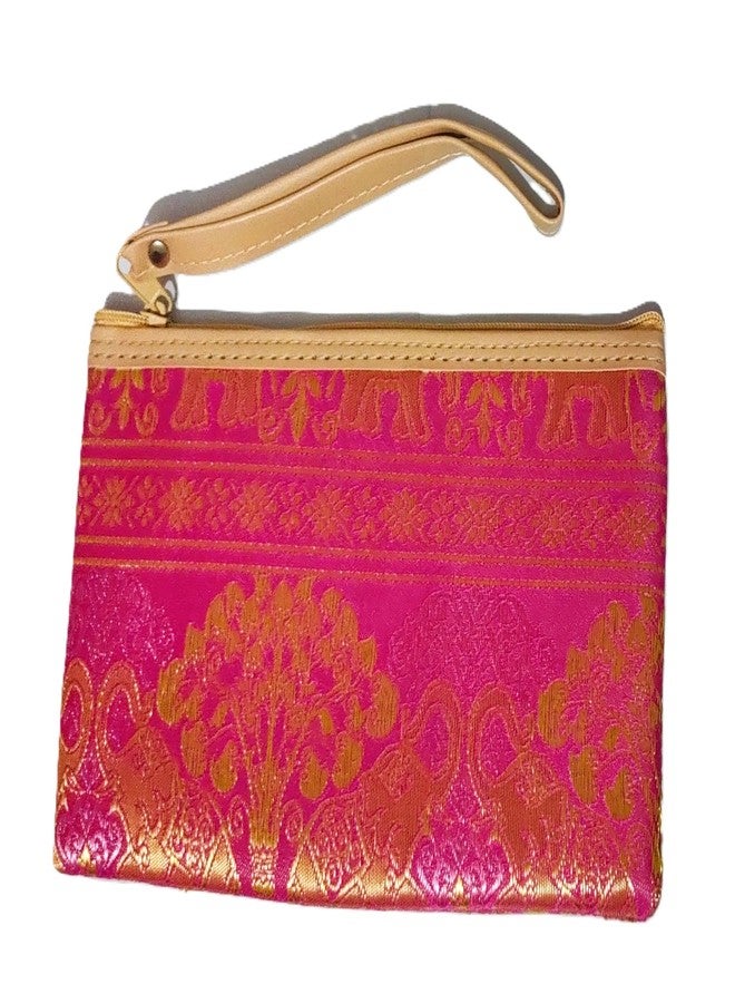 DeLegarde Traditional Brocade Clutch Wallet for Women, Pink and Gold, 18 x 9.5 cm - Image 4