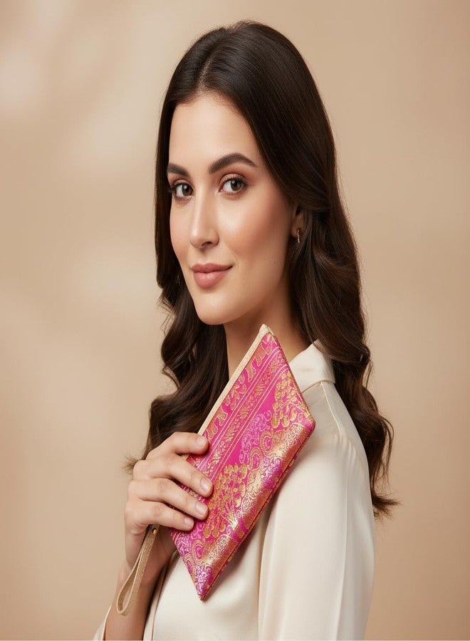 DeLegarde Traditional Brocade Clutch Wallet for Women, Pink and Gold, 18 x 9.5 cm - Image 2