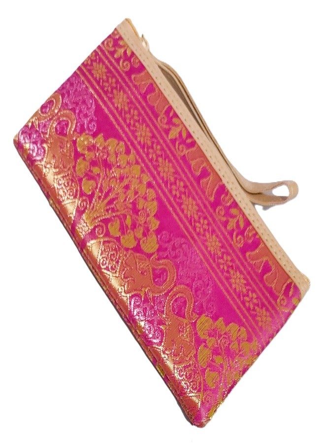 DeLegarde Traditional Brocade Clutch Wallet for Women, Pink and Gold, 18 x 9.5 cm - Image 3