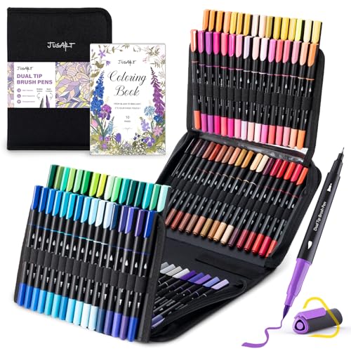 JusArt Markers for Adult Coloring Books No Bleeding, 100 Colors Coloring Markers with Dual Tips, Fine & Brush Pens with Ergonomic Triangle Grip & 33% More Ink, Water-Based Art Drawing Set for Adults - Image 1