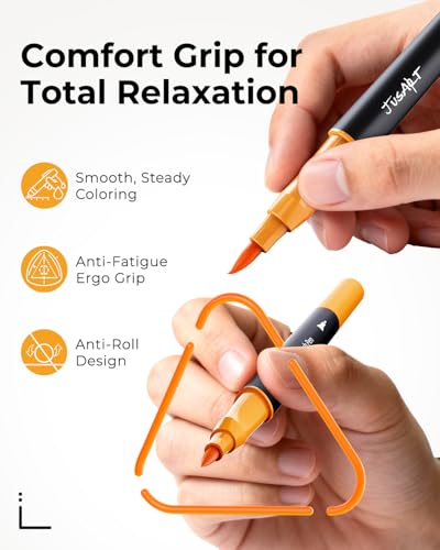 JusArt Markers for Adult Coloring Books No Bleeding, 100 Colors Coloring Markers with Dual Tips, Fine & Brush Pens with Ergonomic Triangle Grip & 33% More Ink, Water-Based Art Drawing Set for Adults - Image 4