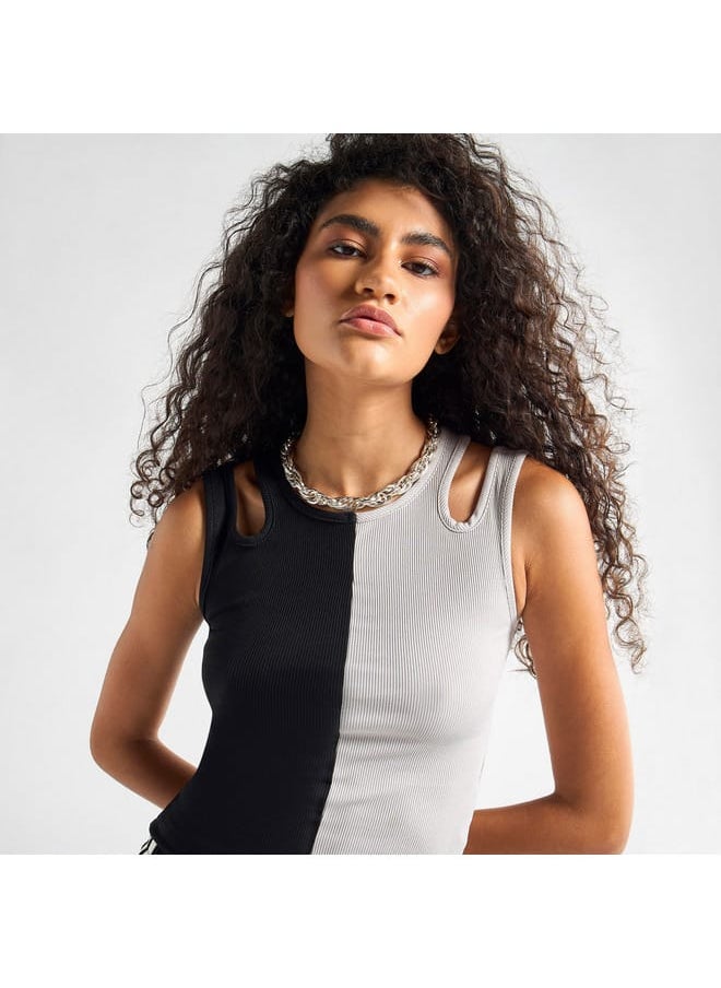FAV Colourblock Ribbed Sleeveless Top with Cutout Detail and Round Neck  - Image 1