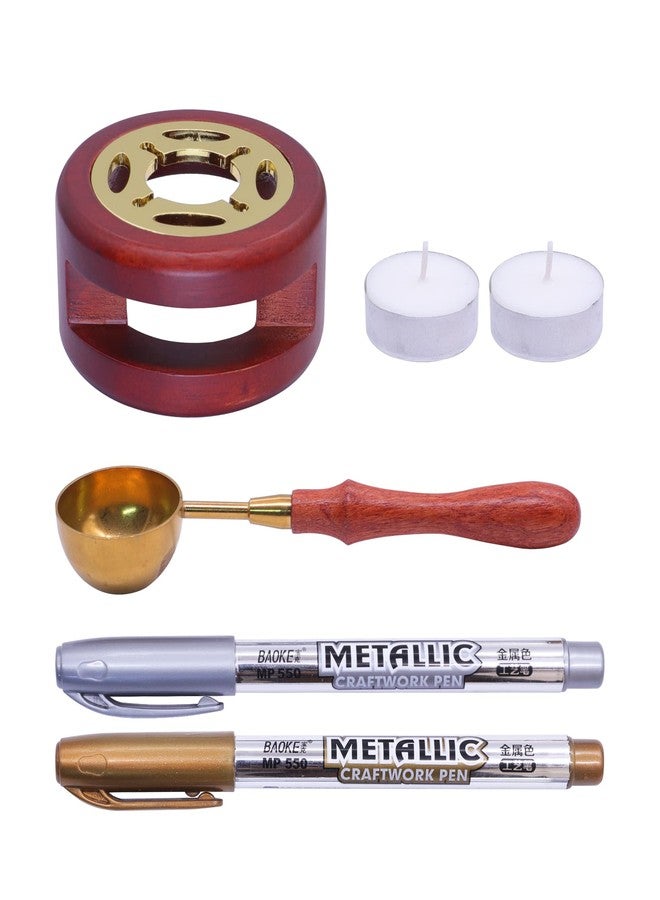 SWANGSA Wax Seal Warmer Kit, Sealing Wax Furnace Tool with 2pcs Wax Seal Pens + Wax Seal Spoon and 2pcs Candles for Sealing Wax Stamp Wedding Invitation Envelope Letter (Wood) - Image 2