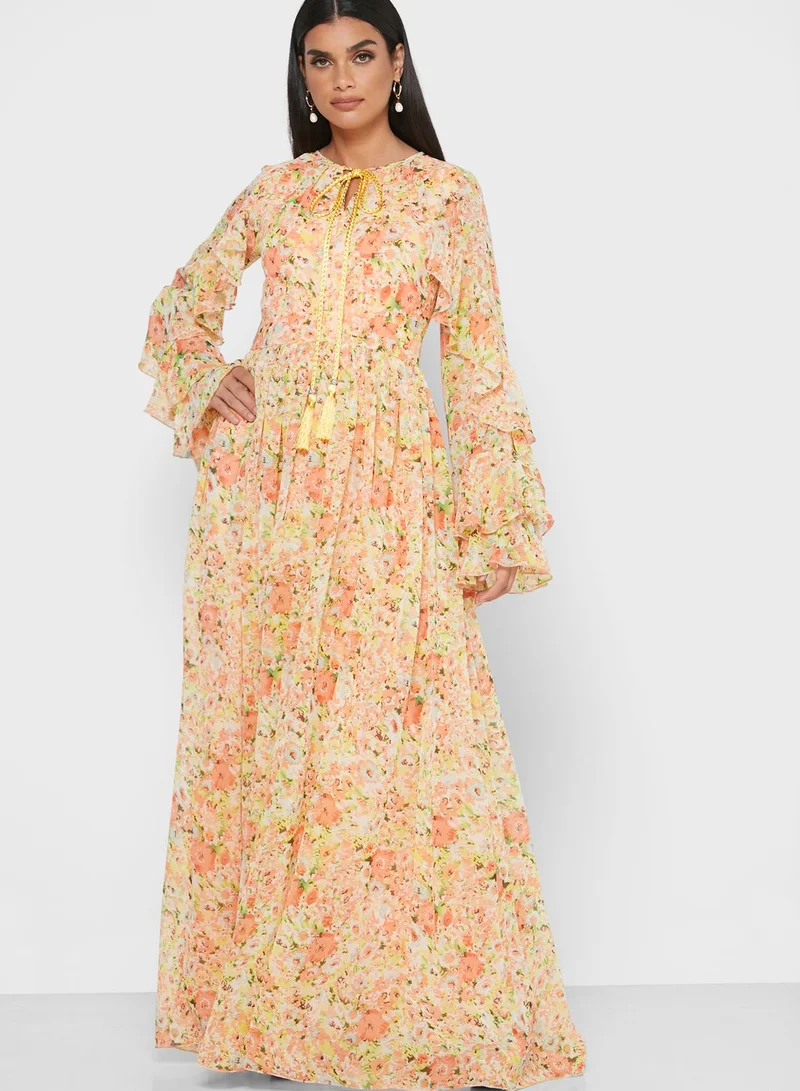 Golden Apple Ruffle Detail Floral Print Dress