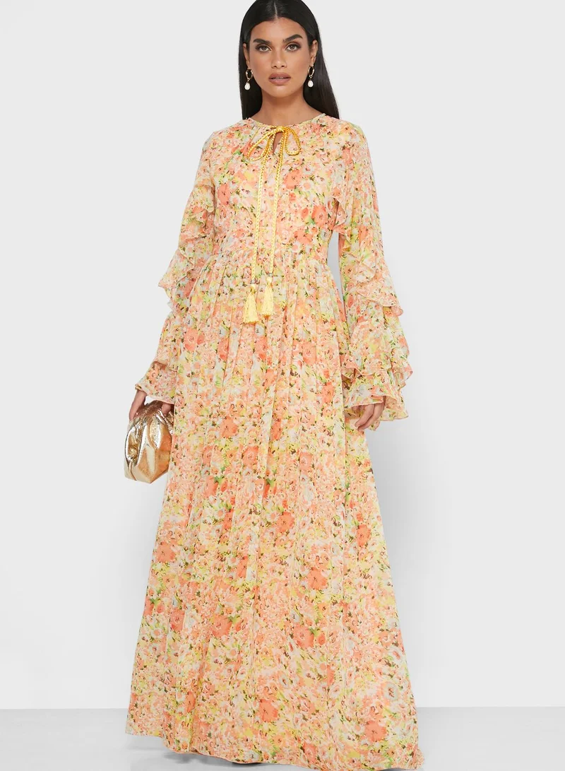 Golden Apple Ruffle Detail Floral Print Dress