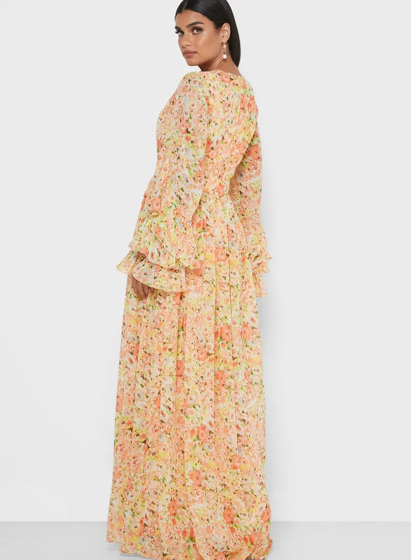 Golden Apple Ruffle Detail Floral Print Dress