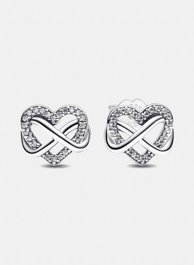 Infinity Heart Sterling Silver Stud Earrings with Clear Cubic Zirconia