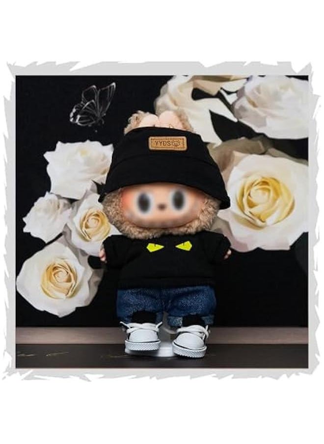 Arabest Clothes Set Compatible with Labubu, 6.7 Inches Cute Doll Clothes for Dress up Unique Style - Black T-Shirt Jeans Set & YYDS Hat & Canvas Shoes  - Image 1