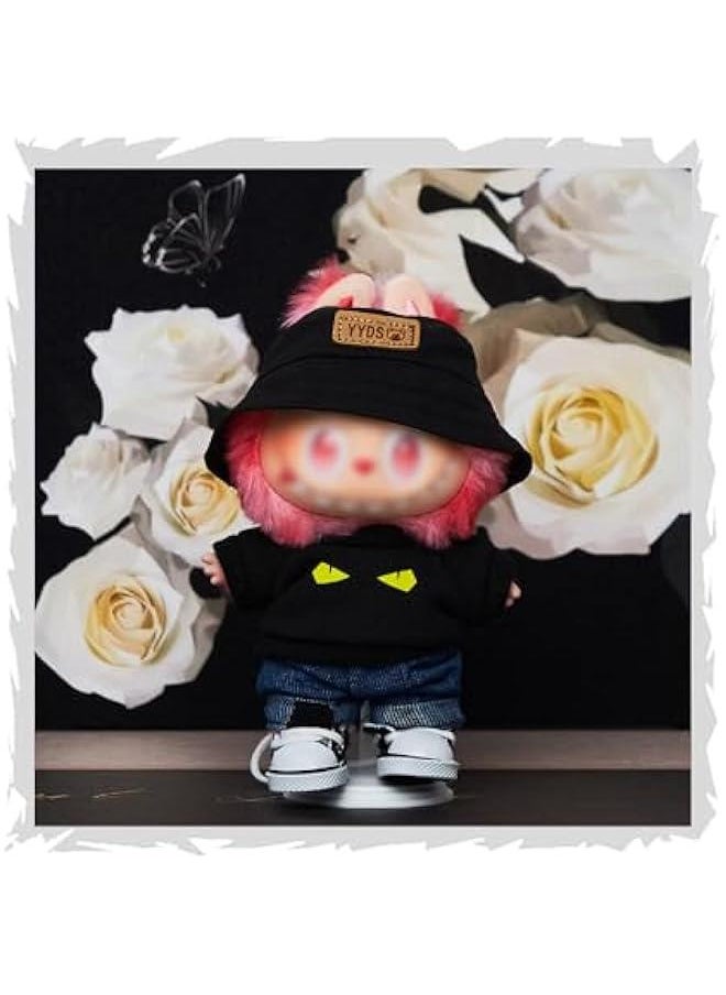Arabest Clothes Set Compatible with Labubu, 6.7 Inches Cute Doll Clothes for Dress up Unique Style - Black T-Shirt Jeans Set & YYDS Hat & Canvas Shoes  - Image 2