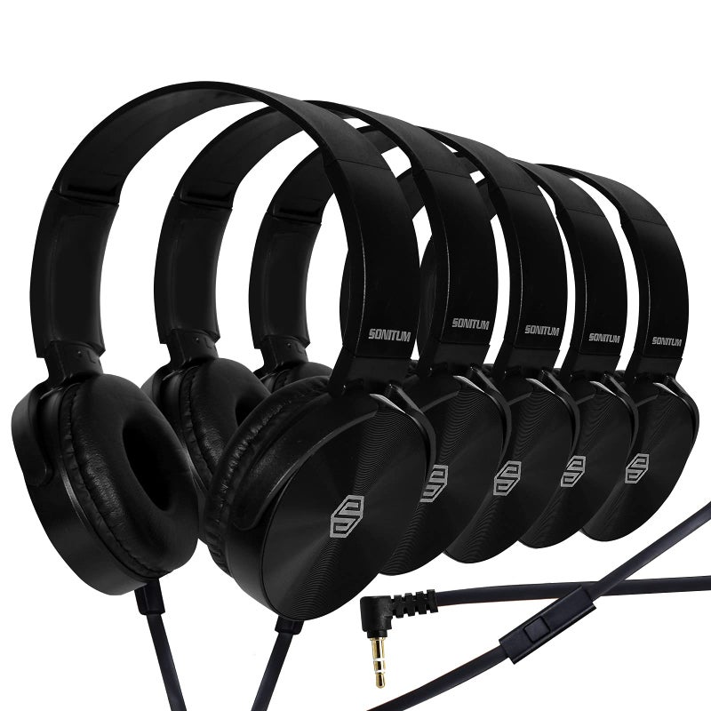 Sonitum Premium Classroom Headphone & Mic Set 3.5mm Jack Stereo Sound Earphones with Microphone & Soft Swivel On Ear Pads- Perfect for E-Learning, Meetings, Calls - Bulk Pack of 5 (Black) - Image 1