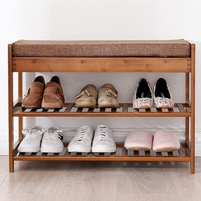 LINGWEI Elegant Bamboo Shoe Rack Bench with Cushion - Multi-Functional Wooden Entryway Organizer For Footwear and Storage Bamboo Sitting Stool Shoe Change Bench - Image 5