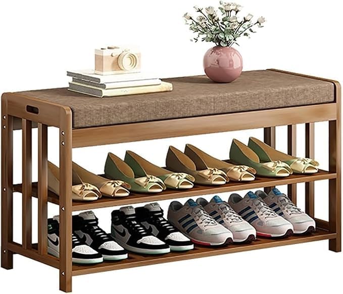 LINGWEI Elegant Bamboo Shoe Rack Bench with Cushion - Multi-Functional Wooden Entryway Organizer For Footwear and Storage Bamboo Sitting Stool Shoe Change Bench - Image 1