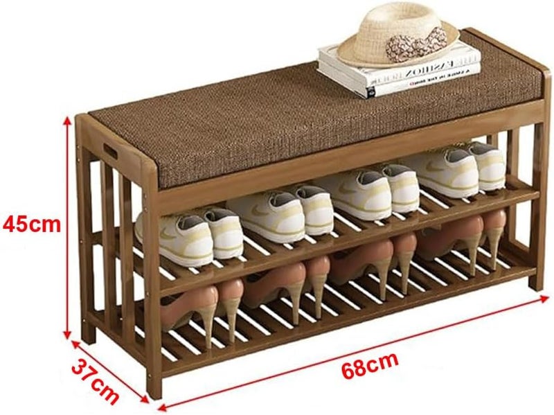 LINGWEI Elegant Bamboo Shoe Rack Bench with Cushion - Multi-Functional Wooden Entryway Organizer For Footwear and Storage Bamboo Sitting Stool Shoe Change Bench - Image 2