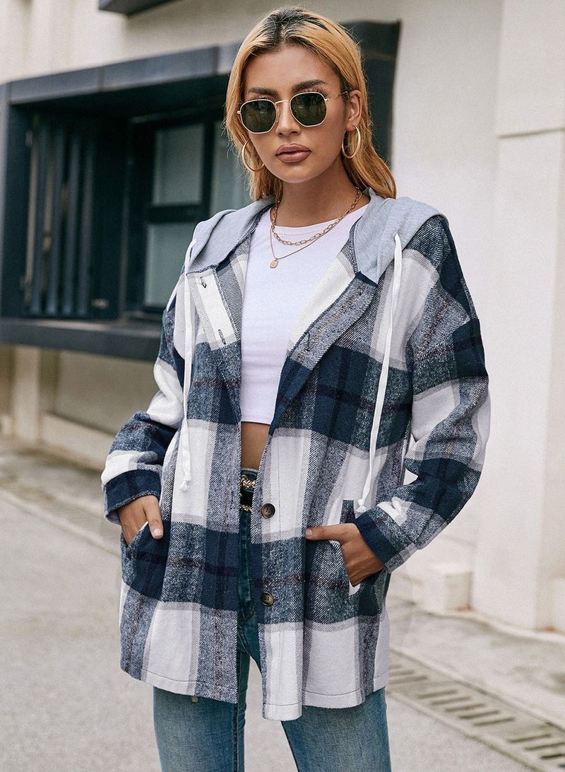 Loquat Hooded Loose Casual Cardigan Plaid Shirt Coat Multicolour - Image 3