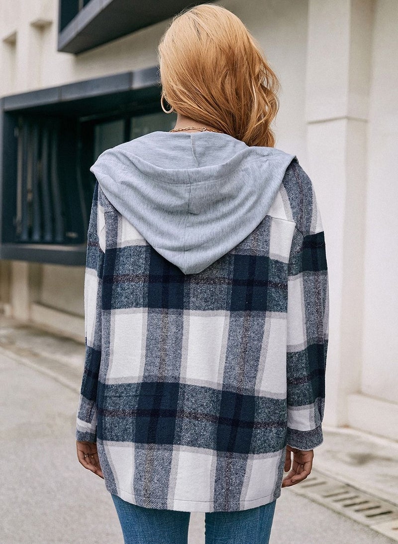 Loquat Hooded Loose Casual Cardigan Plaid Shirt Coat Multicolour - Image 2