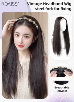 roaiss Rhinestones Headband Wig for Women, Crystal Vintage Hair Hoop with Long Synthetic Straight Hairpiece Hair Accessories, Brown Black, 50cm (20 inch)  - Image 1
