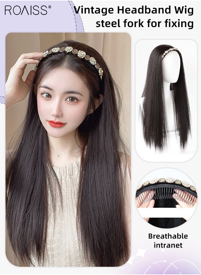 roaiss Rhinestones Headband Wig for Women, Crystal Vintage Hair Hoop with Long Synthetic Straight Hairpiece Hair Accessories, Brown Black, 50cm (20 inch)  - Image 1