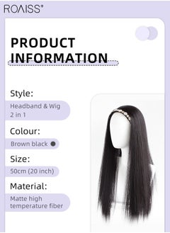 roaiss Rhinestones Headband Wig for Women, Crystal Vintage Hair Hoop with Long Synthetic Straight Hairpiece Hair Accessories, Brown Black, 50cm (20 inch)  - Image 3
