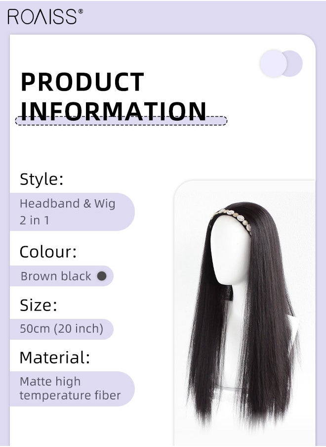 roaiss Rhinestones Headband Wig for Women, Crystal Vintage Hair Hoop with Long Synthetic Straight Hairpiece Hair Accessories, Brown Black, 50cm (20 inch)  - Image 3