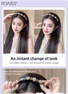 roaiss Rhinestones Headband Wig for Women, Crystal Vintage Hair Hoop with Long Synthetic Straight Hairpiece Hair Accessories, Brown Black, 50cm (20 inch)  - Image 5