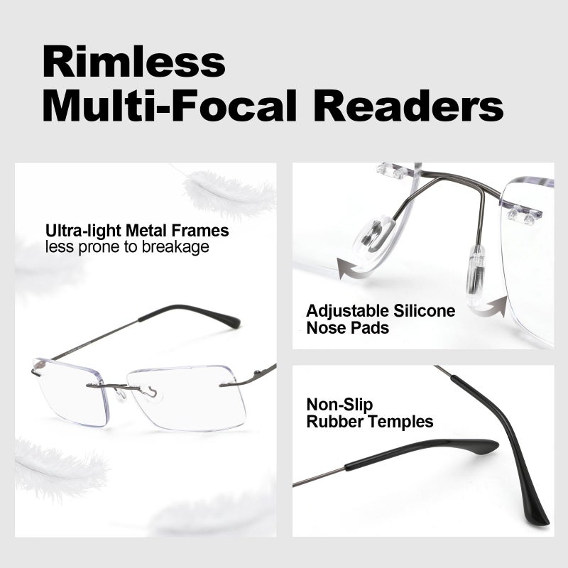 SKYOAK 2 Pack Executive Frameless Progressive Multifocus Reading Glasses for Men, Metal Rimless Blue Light Blocking Computer Readers Anti Eye Strain/UV No-Line Rectangular Multifocal Eyeglasses, 2.0x - Image 5