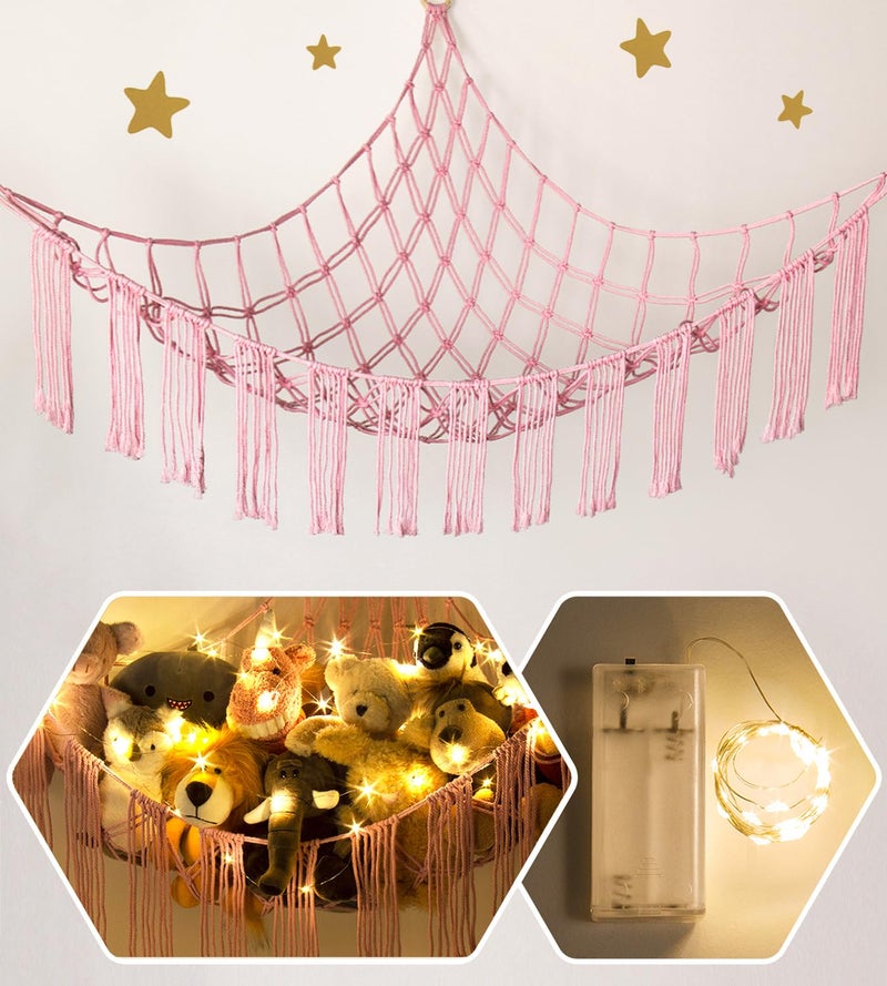 RelaxScene Stuffed Animal Hammock Corner Net with LED Light - Toy Storage Holder - Pink Cute Room Bedroom Decor for Teen Girls - Cute Bedroom Aesthetic Stuff for Baby Nursery Toddler Kids 8 - 10 - 12 Years Old - Image 1