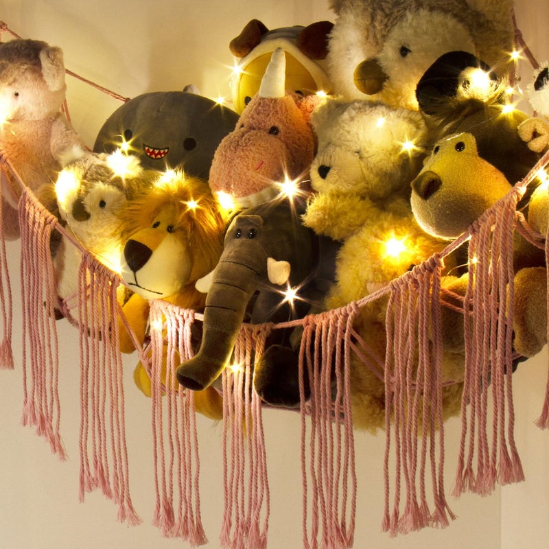 RelaxScene Stuffed Animal Hammock Corner Net with LED Light - Toy Storage Holder - Pink Cute Room Bedroom Decor for Teen Girls - Cute Bedroom Aesthetic Stuff for Baby Nursery Toddler Kids 8 - 10 - 12 Years Old - Image 4