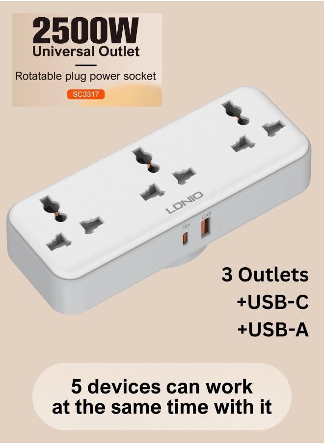 LDNIO Universal Power Strip with 3 AC Outlets and Dual USB Fast Charging Ports – 30W USB-C PD + 18W USB-A QC, 2500W Max Output, 180° Rotating Plug, EU/US/UK Plug Compatible – Compact Multi-Plug Socket for Home, Office, and Travel  - Image 1