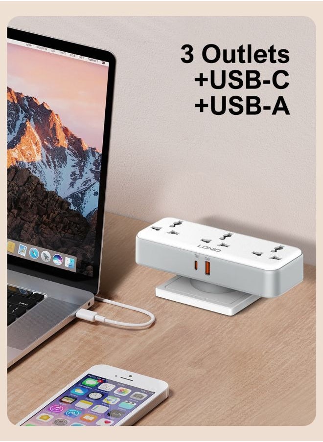 Universal Power Strip with 3 AC Outlets and Dual USB Fast Charging Ports – 30W USB-C PD + 18W USB-A QC, 2500W Max Output, 180° Rotating Plug, EU/US/UK Plug Compatible – Compact Multi-Plug Socket for Home, Office, and Travel