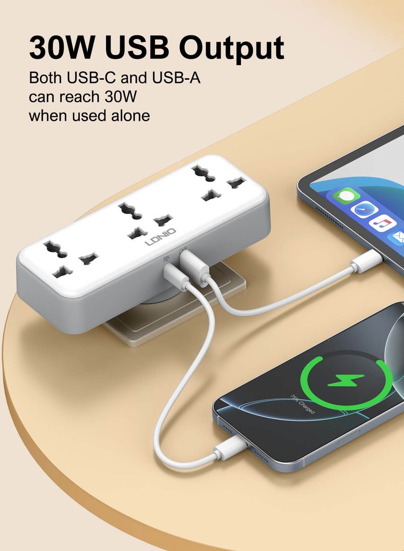LDNIO Universal Power Strip with 3 AC Outlets and Dual USB Fast Charging Ports – 30W USB-C PD + 18W USB-A QC, 2500W Max Output, 180° Rotating Plug, EU/US/UK Plug Compatible – Compact Multi-Plug Socket for Home, Office, and Travel - Image 1