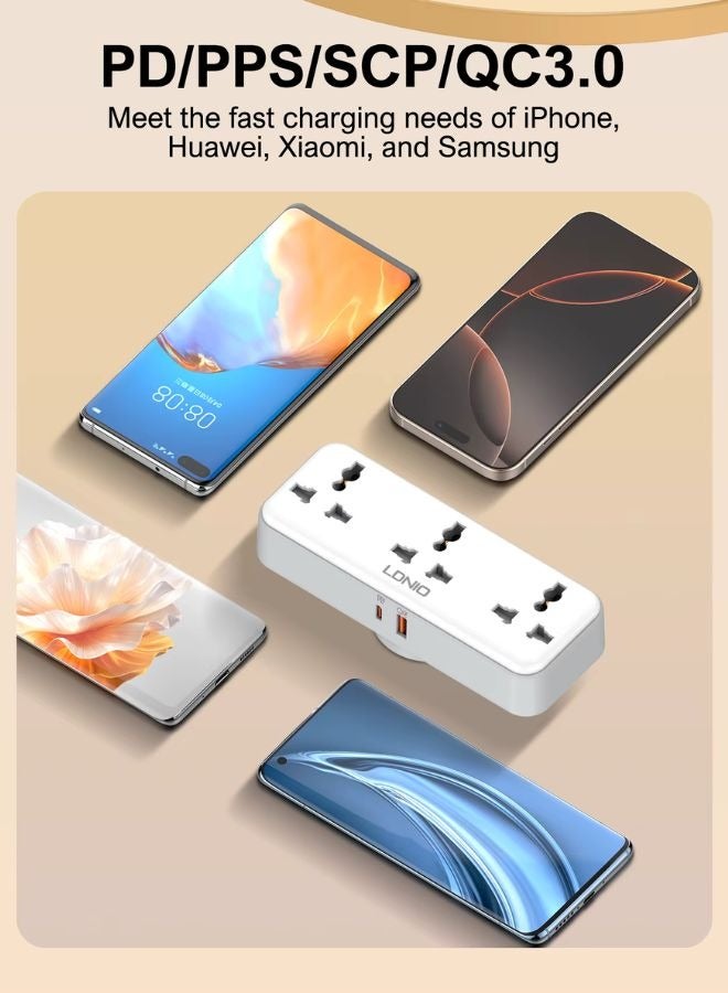 LDNIO Universal Power Strip with 3 AC Outlets and Dual USB Fast Charging Ports – 30W USB-C PD + 18W USB-A QC, 2500W Max Output, 180° Rotating Plug, EU/US/UK Plug Compatible – Compact Multi-Plug Socket for Home, Office, and Travel - Image 5