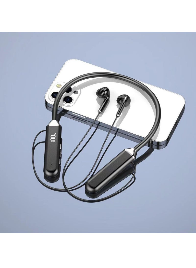 Wireless neck-worn digital display bluetooth headset with large battery and long battery life hanging neck wireless bluetooth sports headset black - Image 1