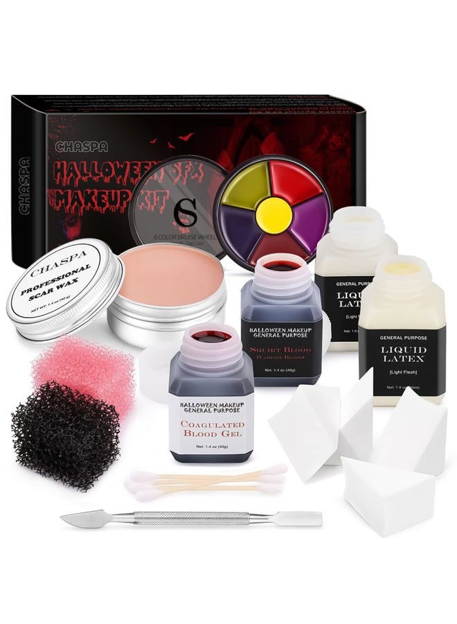 CHASPA Halloween Liquid Latex Special Effects SFX Makeup Kit - Scar Wax + 2 Btl Liquid Latex + 2 Btl Fake Blood + Spatula Tool + 2Pcs Stipple Sponge + 4Pcs Makeup Sponges + Cotton Swabs - Image 1