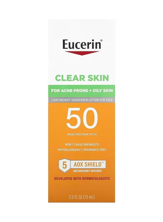 Eucerin Sun Clear Skin Face Sunscreen Lotion SPF 50 for Acne Prone and Oily Skin 2.5 Fl Oz - Image 1