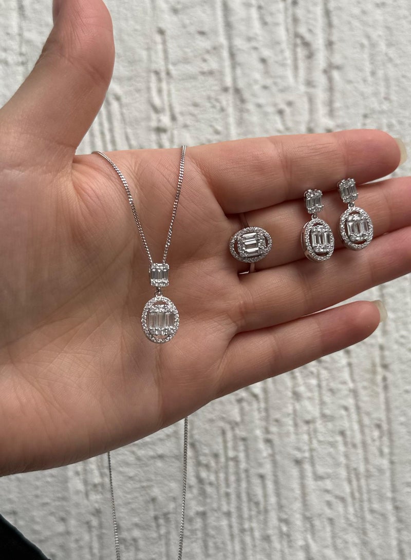 Al Kasr Jewelry Zircon And Baguette Oval Jewelry Set - Sterling Silver 925 with Zircon Stones Plated Rhodium White Gold 18K - Image 2