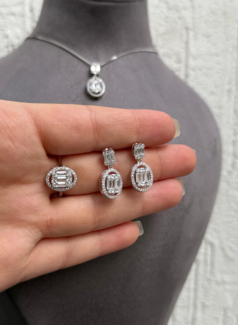 Al Kasr Jewelry Zircon And Baguette Oval Jewelry Set - Sterling Silver 925 with Zircon Stones Plated Rhodium White Gold 18K - Image 3