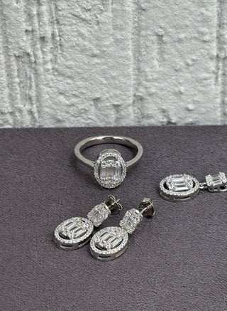 Zircon And Baguette Oval Jewelry Set - Sterling Silver 925 with Zircon Stones Plated Rhodium White Gold 18K