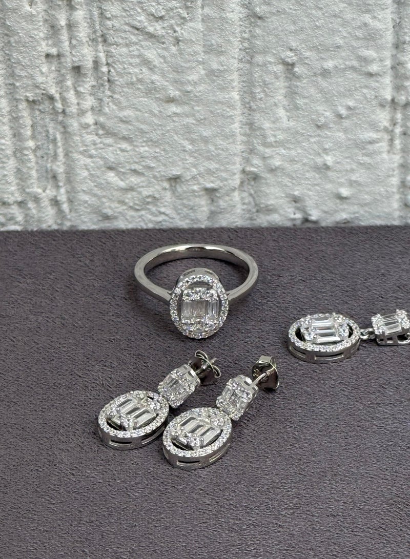 Al Kasr Jewelry Zircon And Baguette Oval Jewelry Set - Sterling Silver 925 with Zircon Stones Plated Rhodium White Gold 18K - Image 1