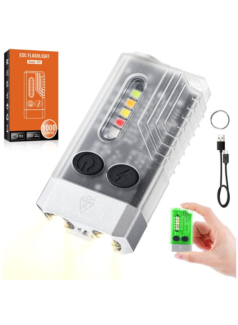 SOLARAE Mini LED Keychain Flashlight, Rechargeable Pocket Torch with 14 Modes 1000LM Small Powerful Torch IPX4 Transparent EDC Flashlight with UV Light & Magnetic Tail for Camping Hiking Emergency - Image 1