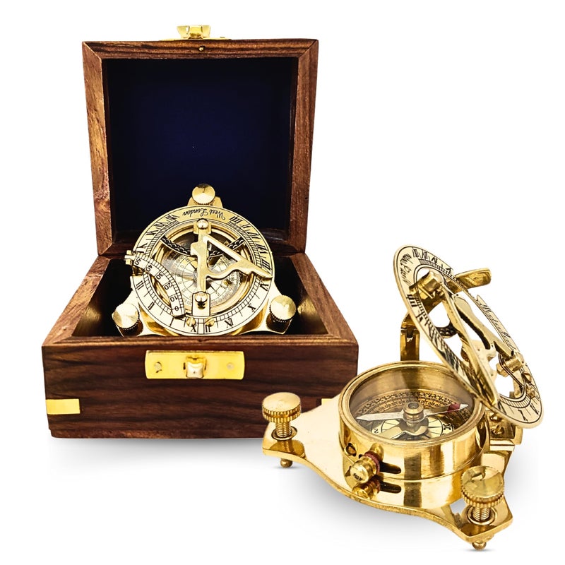 ANTIQUANA ANTIQUANA Brass Golden Sun-Clock Compass with Wooden Box Vintage Nautical Sundial Compass  - Image 1