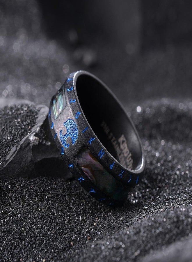 King Will خاتم زفاف رجال كينغ ويل من الفولاذ المقاوم للصدأ 316L - خاتم رجال فايكنغ بتصميم رموز شجرة الحياة وتطعيم صدف الأبالون، خاتم زفاف 8 مم بتشطيب أسود عتيق مضاد للحساسية ومناسب للراحة مقاس 11 - Image 3