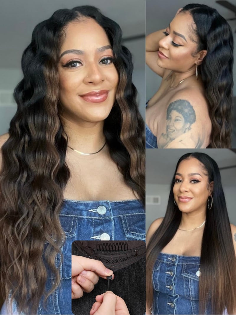 Nadula Ombre Brown Yaki Straight V Part Wig Human Hair with Drawstring No Leave Out EasiContour Vpart Wigs,Glueless Chestnut Brown Highlight Clip in V-part Yaki Wig, Upgrade Yaki U Part Wig 16inch - Image 3