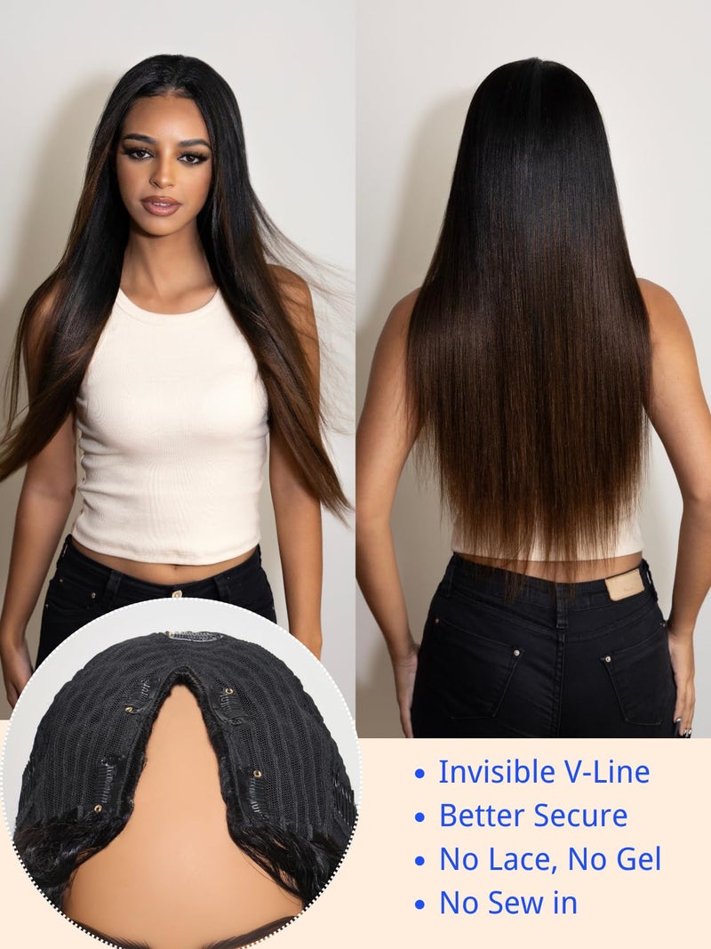 Nadula Ombre Brown Yaki Straight V Part Wig Human Hair with Drawstring No Leave Out EasiContour Vpart Wigs,Glueless Chestnut Brown Highlight Clip in V-part Yaki Wig, Upgrade Yaki U Part Wig 16inch - Image 5