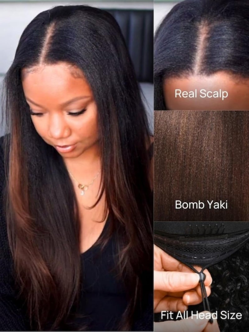 Nadula Ombre Brown Yaki Straight V Part Wig Human Hair with Drawstring No Leave Out EasiContour Vpart Wigs,Glueless Chestnut Brown Highlight Clip in V-part Yaki Wig, Upgrade Yaki U Part Wig 16inch - Image 2