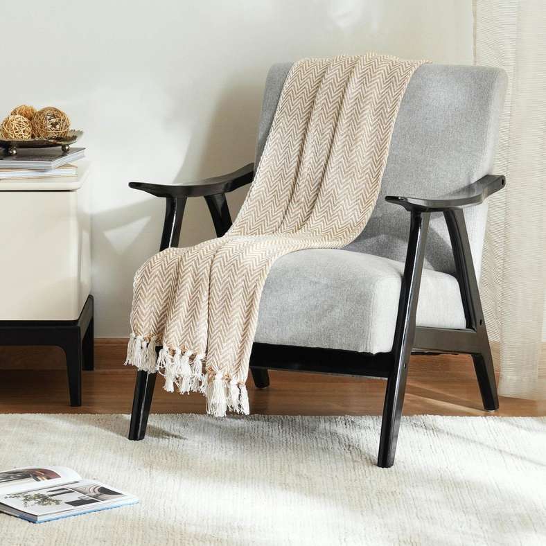 Pan Home Beige Cotton Woven Throw Blanket