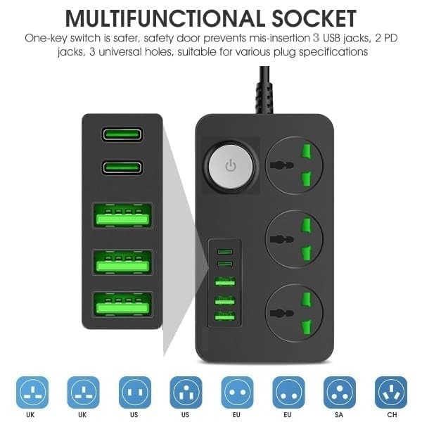 WROPZO Extension Board Power Strip with 20W Fast PD Type C 2500W 10A Extension Cord with 3 Universal Socket 38W USB Fast Charging Ports Multi Port Extension with USB Port 2M Power Cord Multi - Image 2