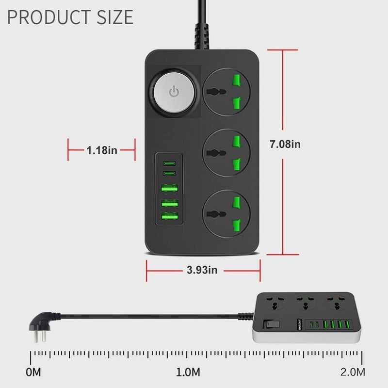 WROPZO Extension Board Power Strip with 20W Fast PD Type C 2500W 10A Extension Cord with 3 Universal Socket 38W USB Fast Charging Ports Multi Port Extension with USB Port 2M Power Cord Multi - Image 4