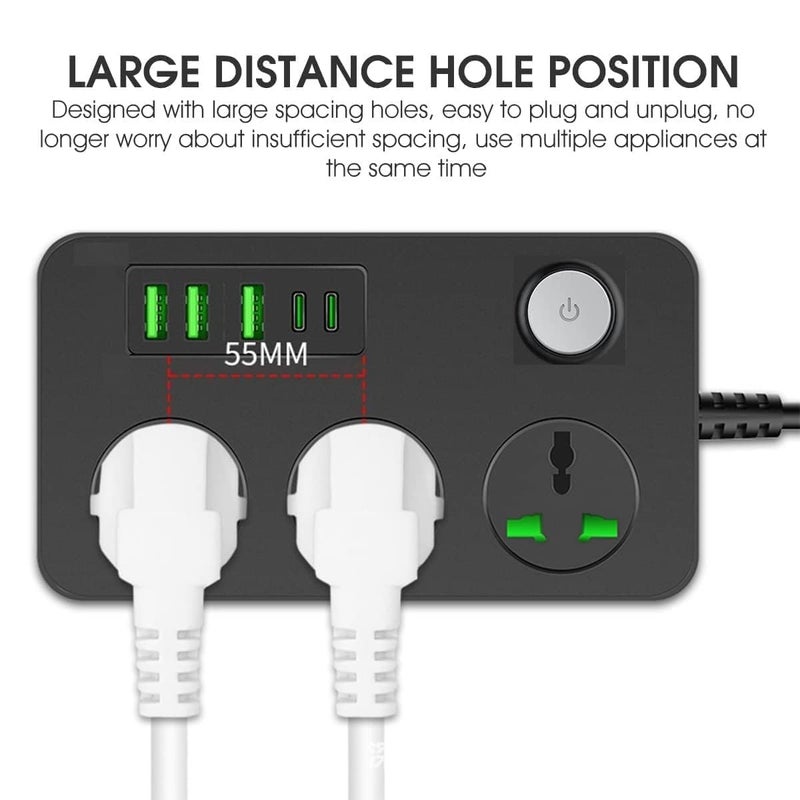 WROPZO Extension Board Power Strip with 20W Fast PD Type C 2500W 10A Extension Cord with 3 Universal Socket 38W USB Fast Charging Ports Multi Port Extension with USB Port 2M Power Cord Multi - Image 3