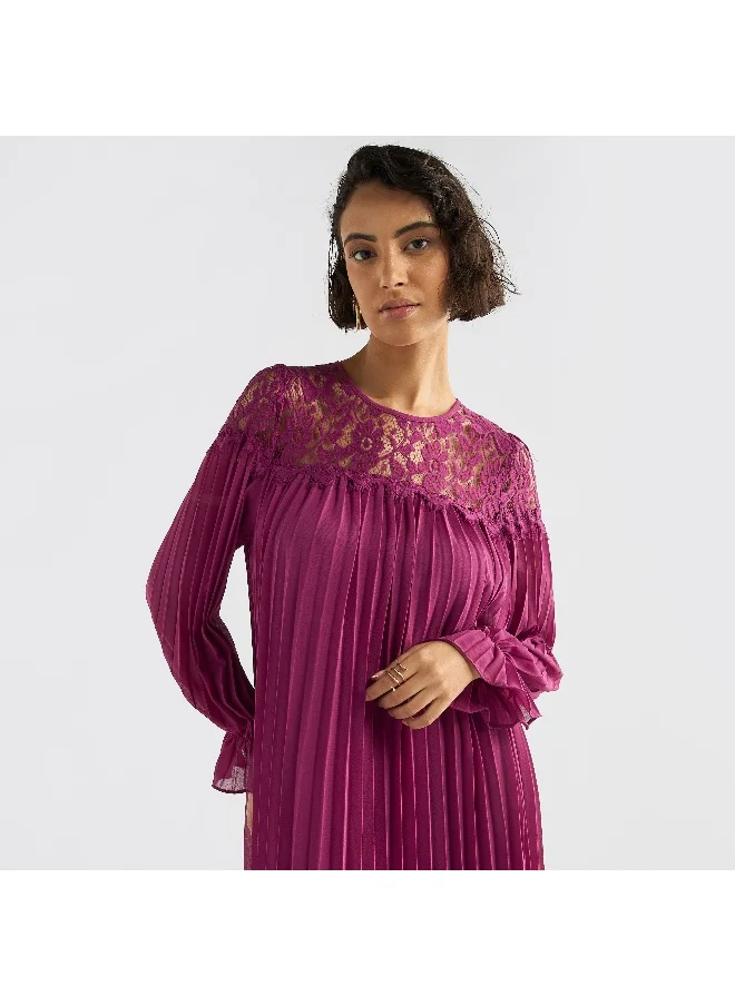 FAV Pleated Lace Detail Maxi Dress with Long Sleeves